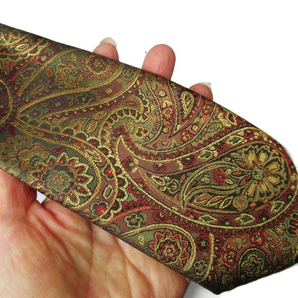 Paisley Men's Tie Mid Century Gold Brown Red Woven Brocade Effect 1970s Look - Picture 5 of 5